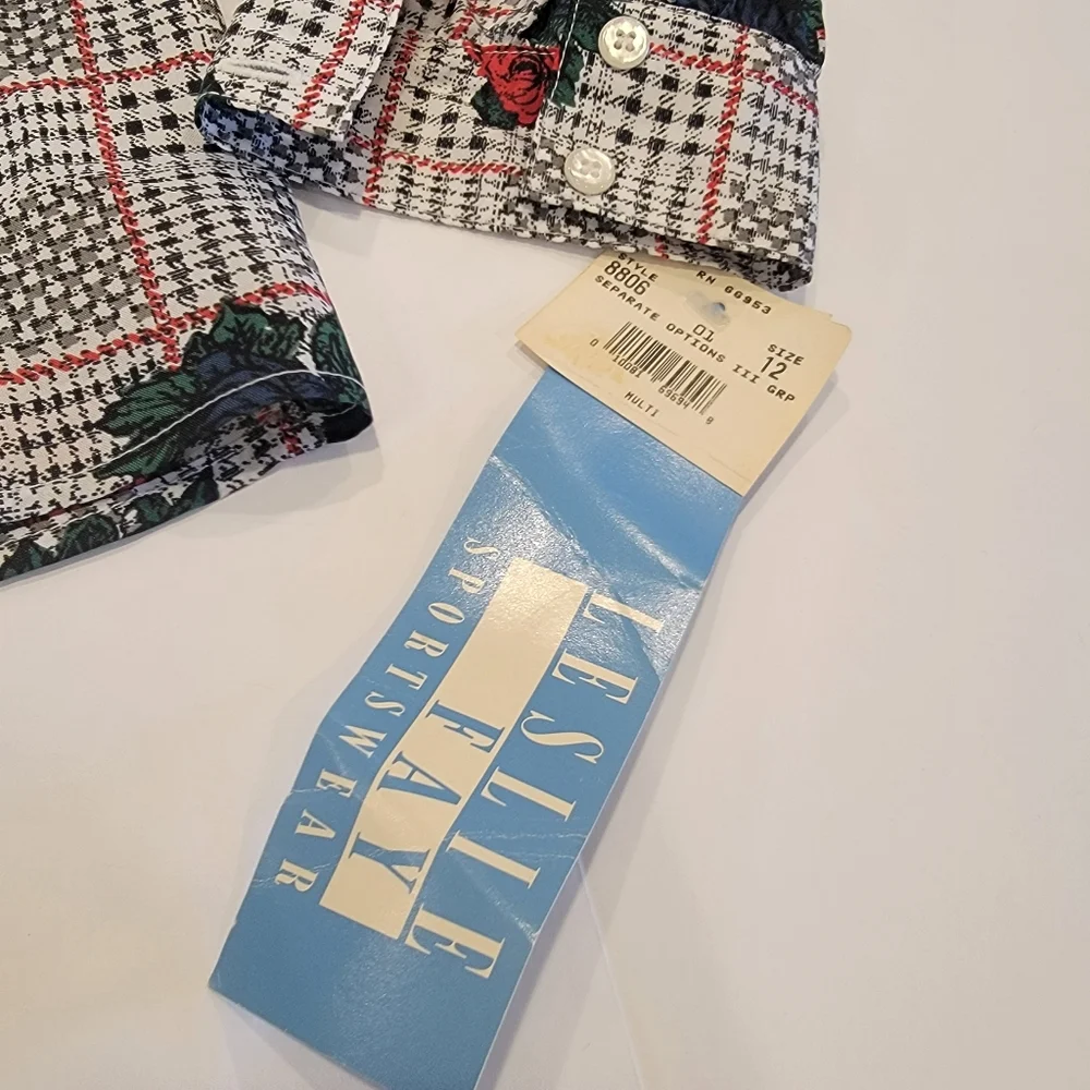 Vintage Leslie Fay Sportswear Floral Gingham Puff Sleeve Tie Button Up Top NWT! - Picture 7 of 16